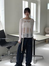 デューパーステッチカラーマッチングロープベルトロングワイドデニムパンツ / Duper stitch color matching rope belt long wide denim pants