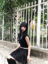 romantic lovely ribbon choker frill ribbed T-shirt
