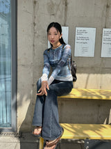 Denim see-through long sleeve top