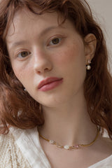ピンククリスタルアンドパールドロップピアス/Pink crystal and pearl drop earring