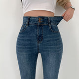 Whiskered Two-Button High Waist Skinny Jeans