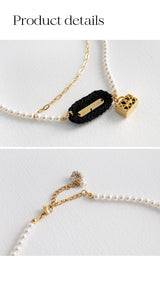ロゴバーアンドユニークラインチェーンパールネックレス/Logo bar and unique line chain pearl necklace
