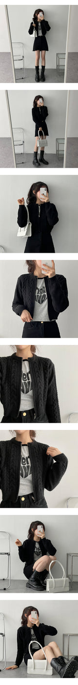 ツイストドーナツパターンクロップドニットジップアップ / Twisted Doughnut Patterned Cropped Knit Zip-Up