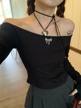 リボンオフショルダーバックレス長袖Tシャツ