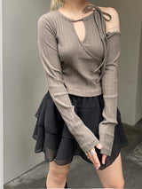 ディテールスリットリボンリブドTシャツ / Detail Slit Ribbon ribbed T-Shirt