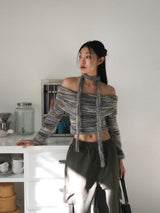 [Muffler set] Mikel Bokashi off-shoulder angora knit
