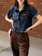 ブベルセミクロップド半袖デニムシャツジャケット / Bubel semi-cropped short-sleeved denim shirt jacket