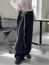 デューパーステッチカラーマッチングロープベルトロングワイドデニムパンツ / Duper stitch color matching rope belt long wide denim pants
