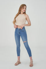 ハイスパンデックスデストロイドスキニージーンズ/HIGH SPANDEX DESTROYED LIGHT BLUE SKINNY JEAN [6060]