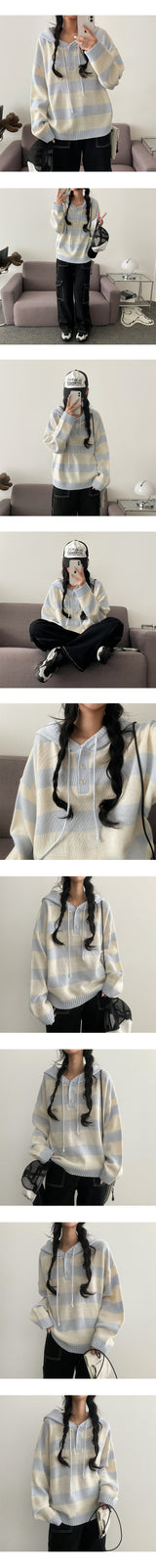 Roneck button stripe hooded knitwear