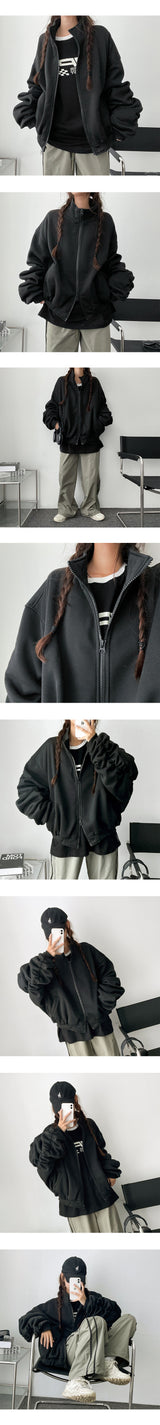 Lee Know Fleece Lining Shirring Wrinkle Boxy Two Way Zip-Up Jumper