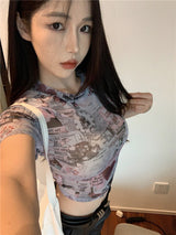 カートゥーンメッシュシースルークロップTシャツ