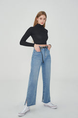 ワイドフィットベルトセットスリットデニムパンツ / SONG JI HYO, VIVIZ EUNHA, SISTAR HYRIN, EVERGLOW AISHA, NATURE LU, STAYC ISA, FROMIS_9 SAEROM WORNSEMI WIDE FIT BELT SET SLIT DENIM PANTS [6607]