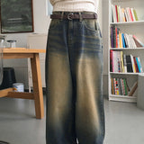 Kama yellow washed vintage long wide denim pants
