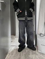 No.0372 double knee black denim wide PT