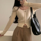 [Waist cut!/Autumn color🍁] Square-neck cable autumn twisted cropped knit cardigan - 8 colors