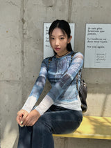 Denim see-through long sleeve top
