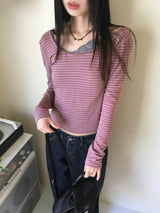 Gtel Vintage Striped Deep U-Neck Long Sleeve T-Shirt