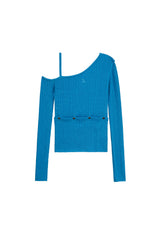 ツーウェイリブドアシメトリックニットトップ / TWO WAY RIBBED ASYMMETRIC KNIT TOP (MARINE BLUE)