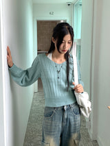 High knee ribbed V-neck semi-crop long-sleeve knit