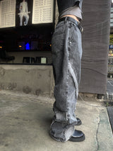 ユニークカッティングライングランジワイドデニムパンツ