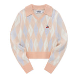 スモールチェリーアーガイルカラーニット／SMALL CHERRY ARGYLE COLLAR KNIT [SALMON]