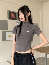 Raping Sporty cut half zip up short sleeve T-shirt
