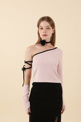 Strap Off Shoulder Warmer T-shirt Pink