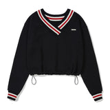 V-neck Cropped Sweat Shirt [BLACK] (6618780860534)