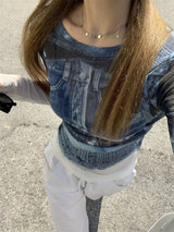 Denim see-through long sleeve top
