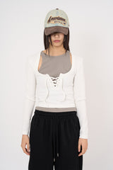 Waffle string scoop-neck long sleeve