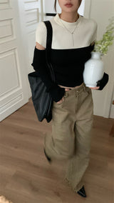 Black and white cut knit top