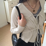 Dati strap shirring ribbed long sleeve cardigan