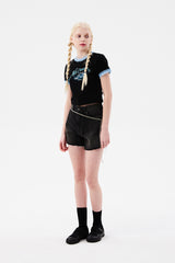 チェリーホットフィックスレースクロップTシャツ / CHERRY HOTFIX LACE CROP T-SHIRT [BLACK]