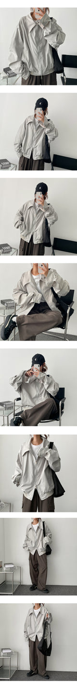 Edge Collar Shirring Two-Way Zip-Up Jumper