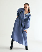 V-NECK CREASE SHIRRING ONEPIECE - CLASSIC BLUE (6635995955318)