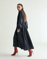 V-NECK CREASE SHIRRING ONEPIECE - DARK GRAY (6635995660406)