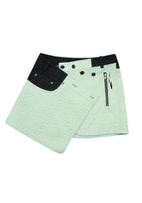 アシメトリックボタンミニスカート / ASYMMETRIC BUTTON MINI SKIRT (MIXED FABRIC)