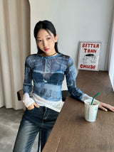 Denim see-through long sleeve top