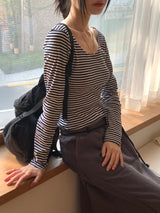 TL Striped Deep U-Neck Long Sleeve T-Shirt