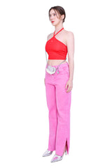 2ウェイホルタースパンクロップスリーブレストップ/2-way halter span crop sleeveless top (red)