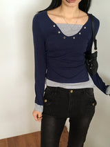 Jettyレイヤード配色Vネックトット長袖Tシャツ