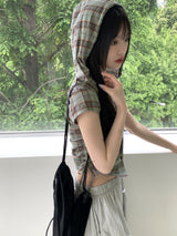 テユストリングシャーリングリネンチェックフードシャツカミス / Teyu String Shirring Linen Check Hooded Shirt Camis