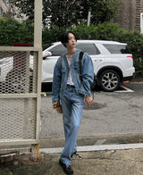 カラーレスデニムジャケット/Collarless denim jacket
