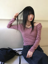 Gtel Vintage Striped Deep U-Neck Long Sleeve T-Shirt