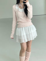 バレエコアUネックリボンチョーカースリムTシャツ / Ballet Core U-neck Ribbon Choker Slim T-shirt