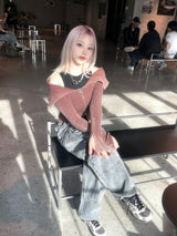 grunge washing off-shoulder crop two-way zip-up