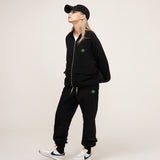 [UNISEX] Zipper Regular Green Flower White Clip Jogger Pants_Black (6676050935926)