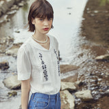 ブラックエンブロイダードタックブラウス/[LINE] Black Embroidered Tuck Blouse