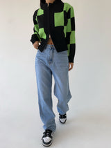 グリーンチェックニットジップアップ/green check knit zip-up